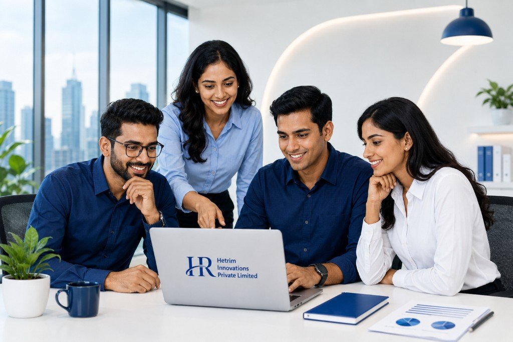 Hetrim Innovations team collaborating around a laptop in a modern office