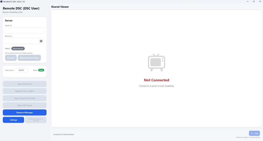 Remote DSC User main window &mdash; Server panel on the left and Shared Viewer on the right